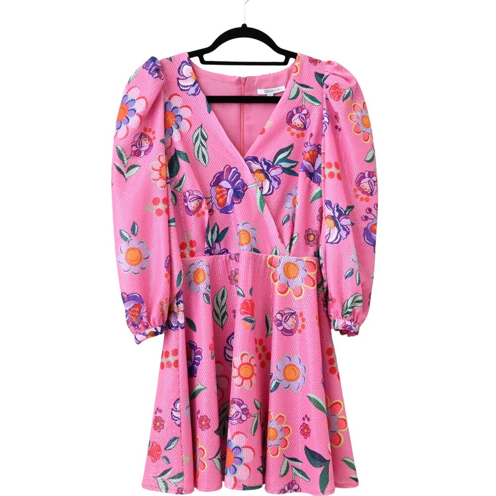 Olivia Rubin Mini Dress Size 0 Pink Sequin Floral Puff Sleeve Party Cocktail